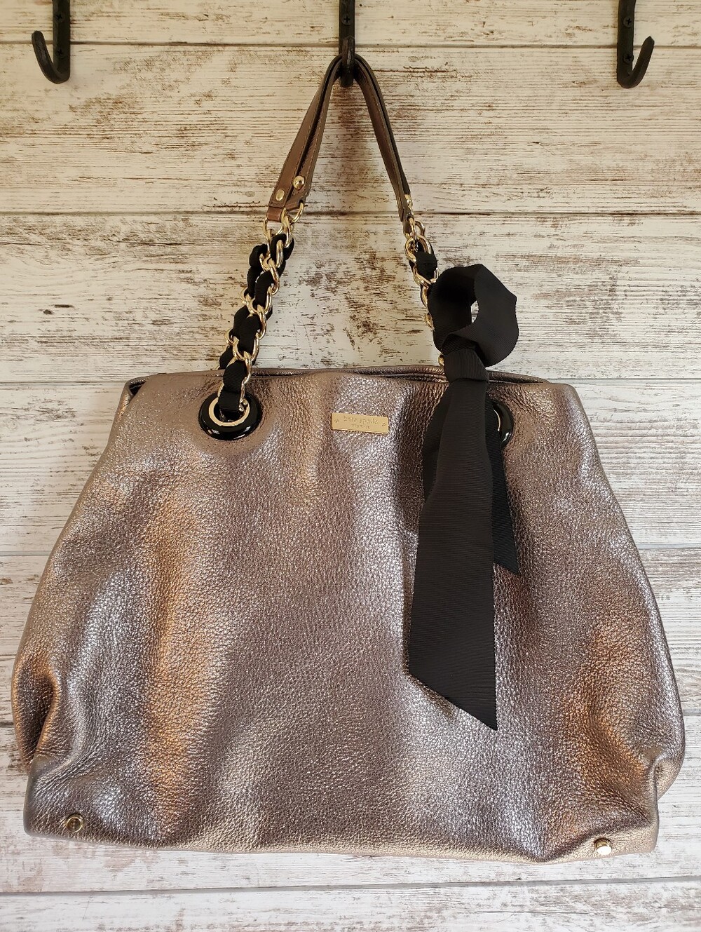 Kate Spade Metallic Pewter Leather Ribbon Bow Tote Chain Shoulder Bag